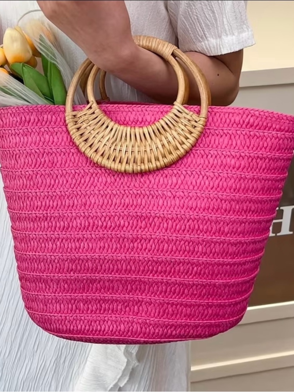 Woven Pink Straw Tote with Bamboo Handles